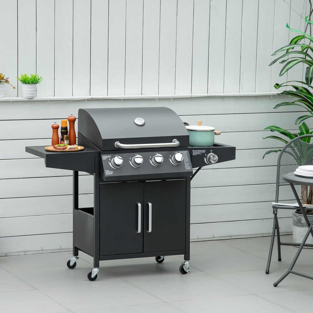 Outsunny 4+1 Burner Liquid Propane Gas Grill Outdoor Cabinet Style BBQ Trolley w/ Side Burner  Warming Rack  Thermometer