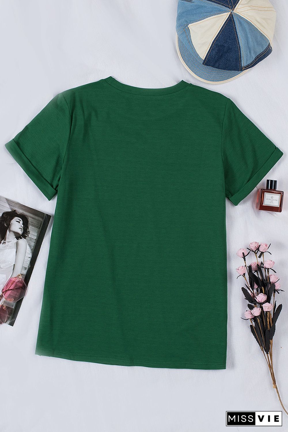 Green Solid Color Crew Neck Tee