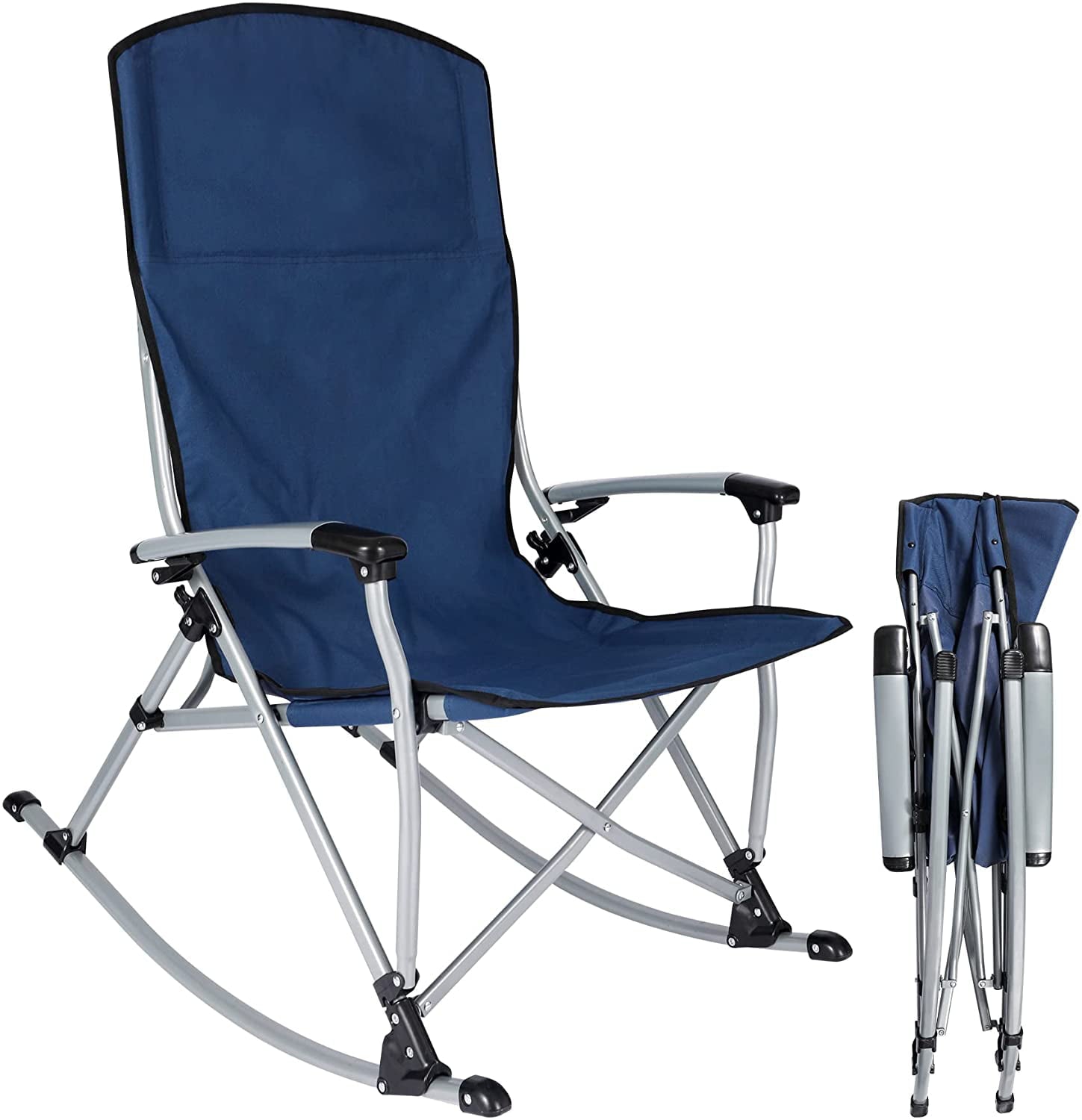 Lineslife 300lbs Heavy Duty Folding Camping Rocking Chair with High Back for Outdoor Patio, Lawn, Garden, Navy Blue