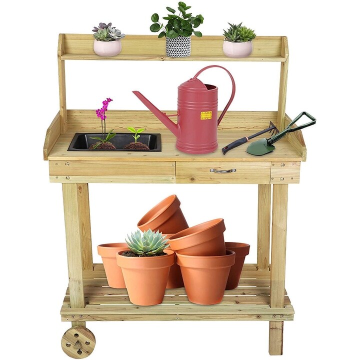 Potting Bench Table Wooden Gardening Plant Workstation Natural Solid Wood w/Wheels and Drawer Sink Hook Open Shelf