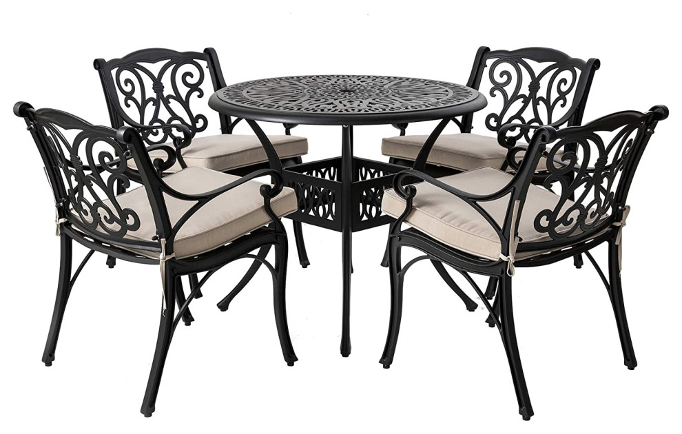 5 Piece Patio Dining Set  Aluminum Table  ampCushioned Chairs  Antique Matte Black   Mediterranean   Outdoor Dining Sets   by Decor Love  Houzz