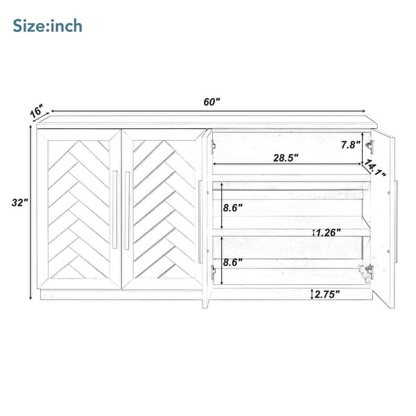 Sideboard Buffet Cabinet with 4 Doors Adjustable Shelves and Silver Handles