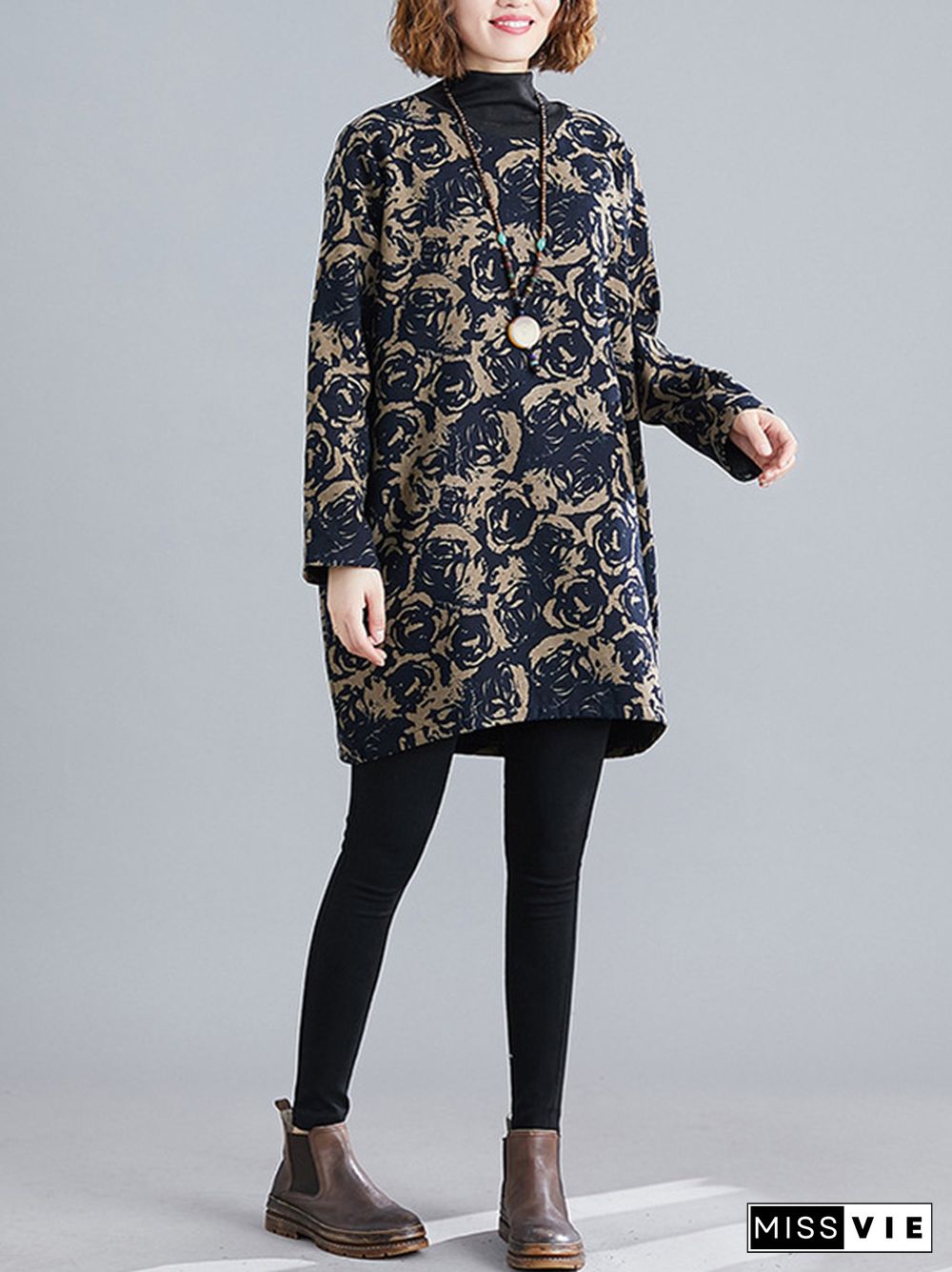 Artistic Retro Loose Long Sleeves Keep Warm Floral Printed High-Neck Mini Dresses