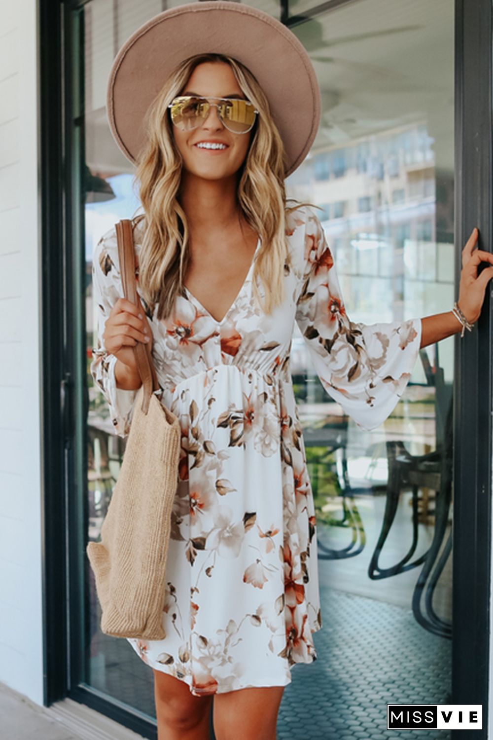 White V Neck 3/4 Sleeve Floral Dress