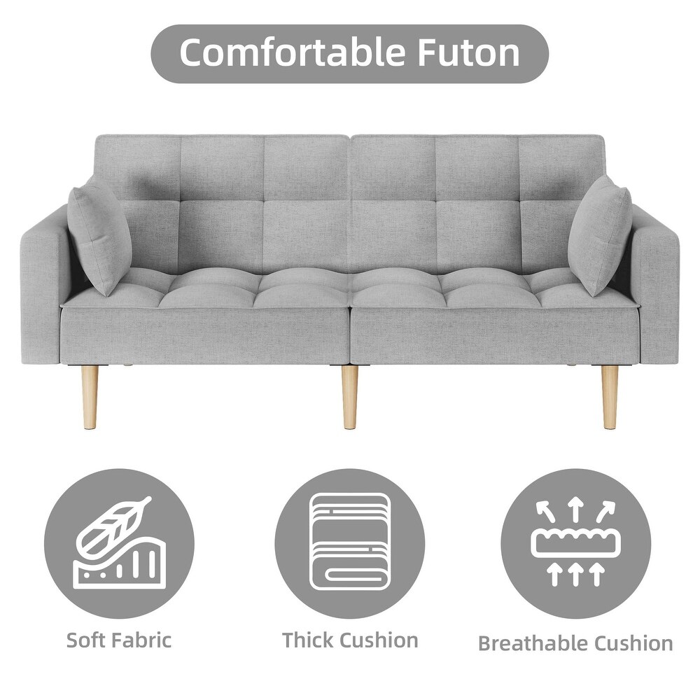 Linen Couches Upholstered Futon Sofa Bed with Thicken Wood Legs