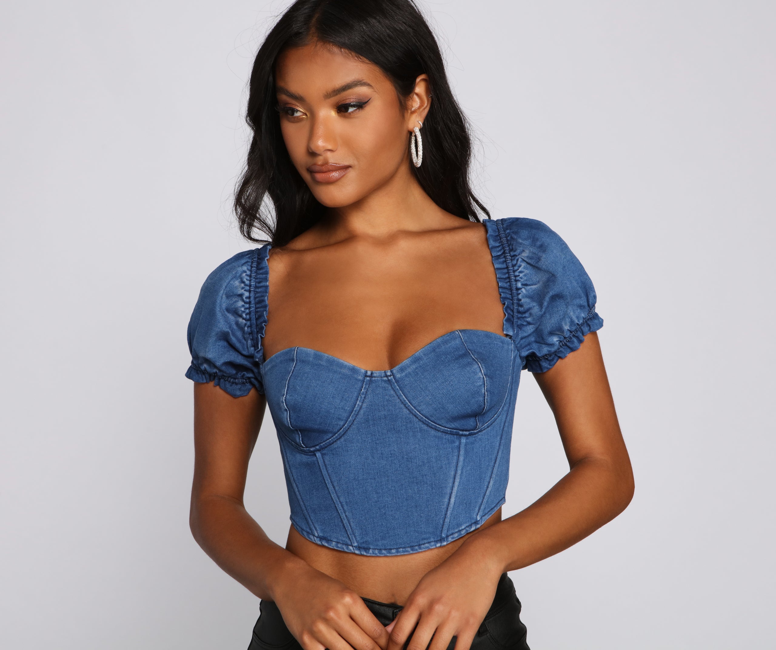 Fab And Chic Denim Puff Sleeve Bustier