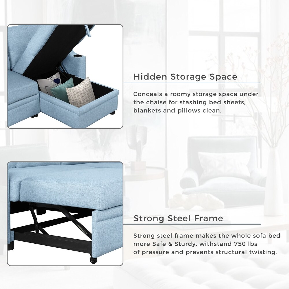 Pull Out Sofa Bed with Storage Chaise   Cup Holder