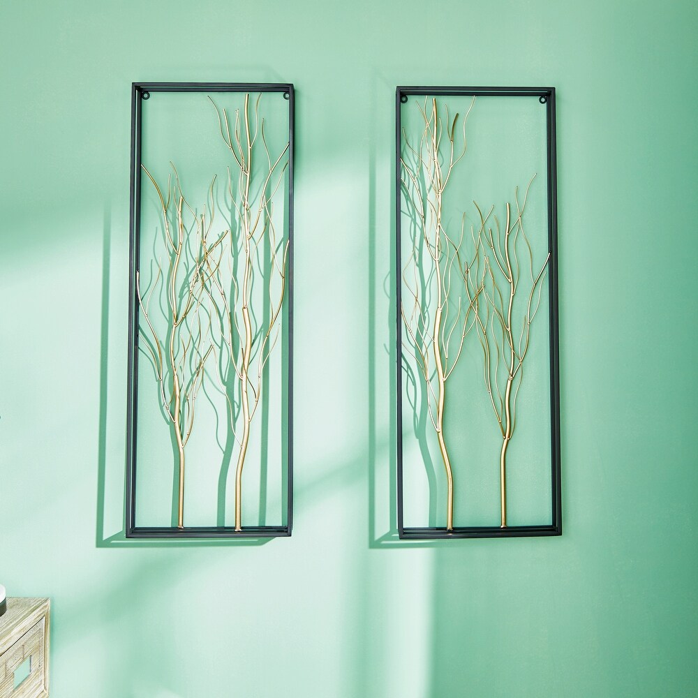 Gold Metal Branch Tree Wall Decor with Black Frame (Set of 2)