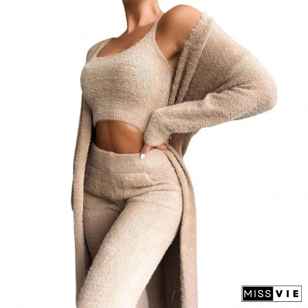 1 Set Stylish Outfit Suit Scoop Neck Comfy Open Front Cardigan Crop Top Pants Outfit Loose For Office