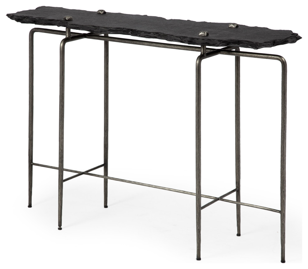 HomeRoots Black Slate Console Table With Iron Base   Industrial   Console Tables   by VirVentures  Houzz