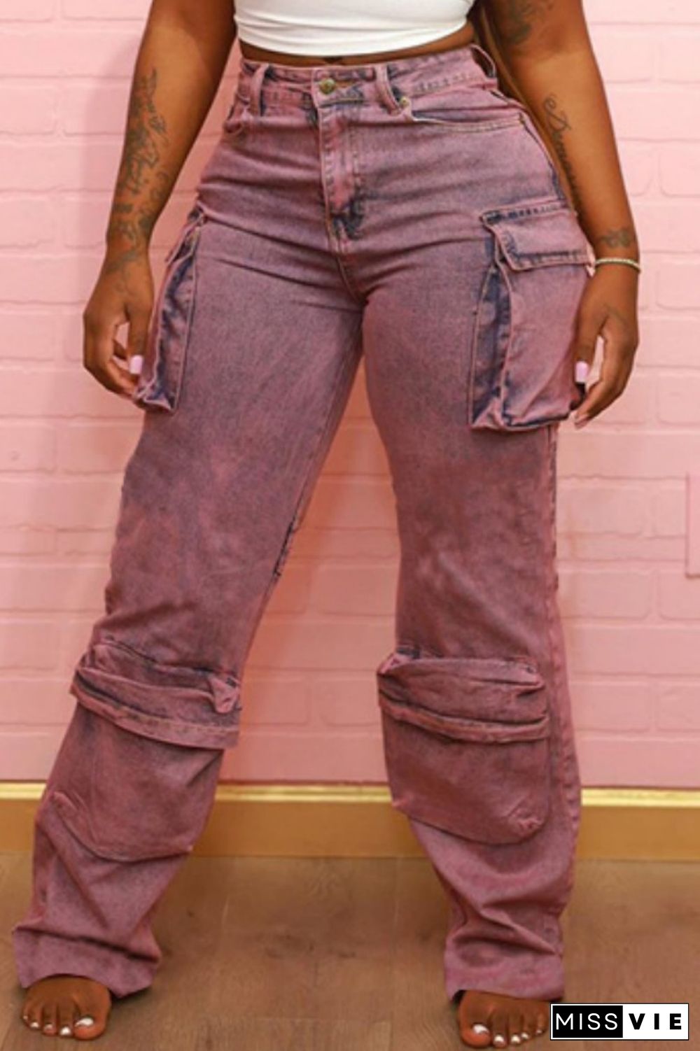 Pink Casual Patchwork Basic Mid Waist Straight Denim Jeans