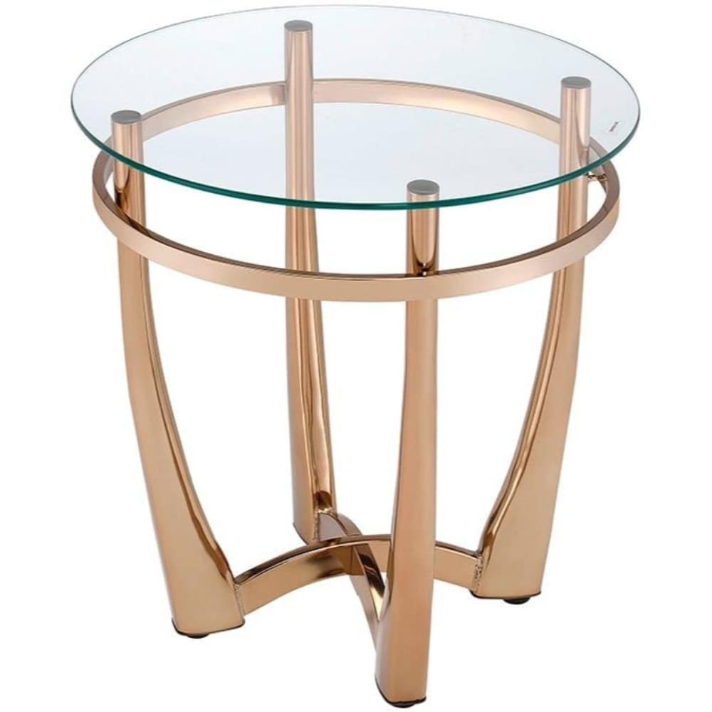 Glass Round End Table With Metal Base， Champagne And Clear Glass