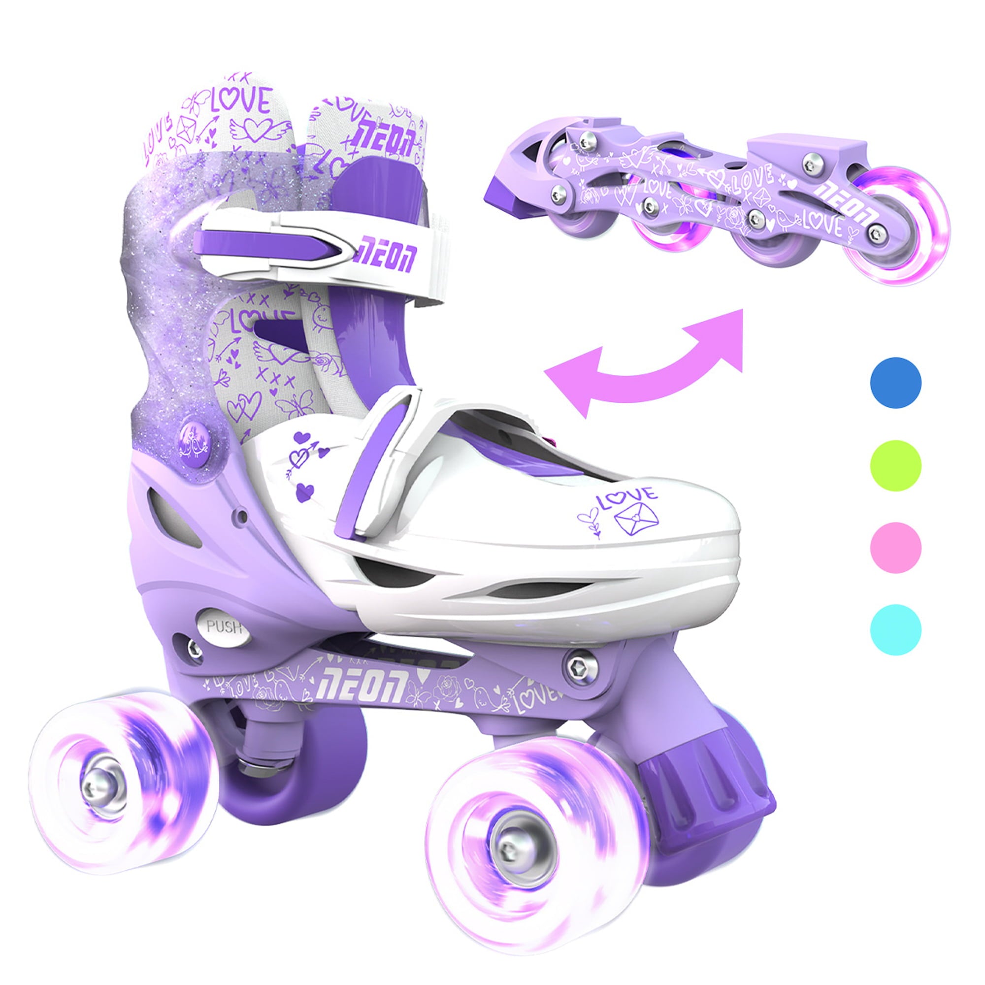 Neon Combo 2-in-1 Child Skates Inline and Quad - Girls, Size 3-6 Adjustable, One Pair, Purple