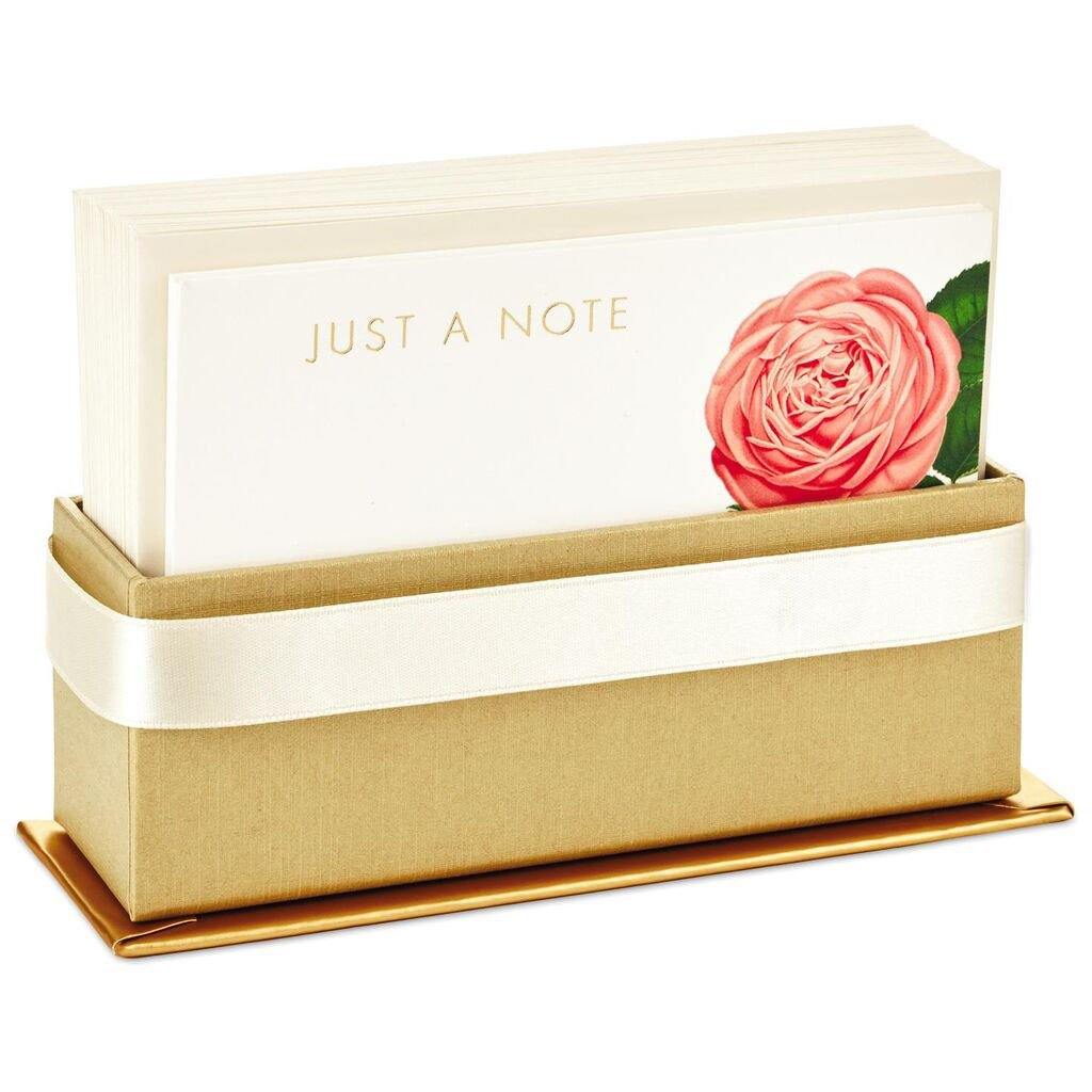 Hallmark  Cream and Pink Roses Blank Flat Note Cards With Caddy, Box of 40