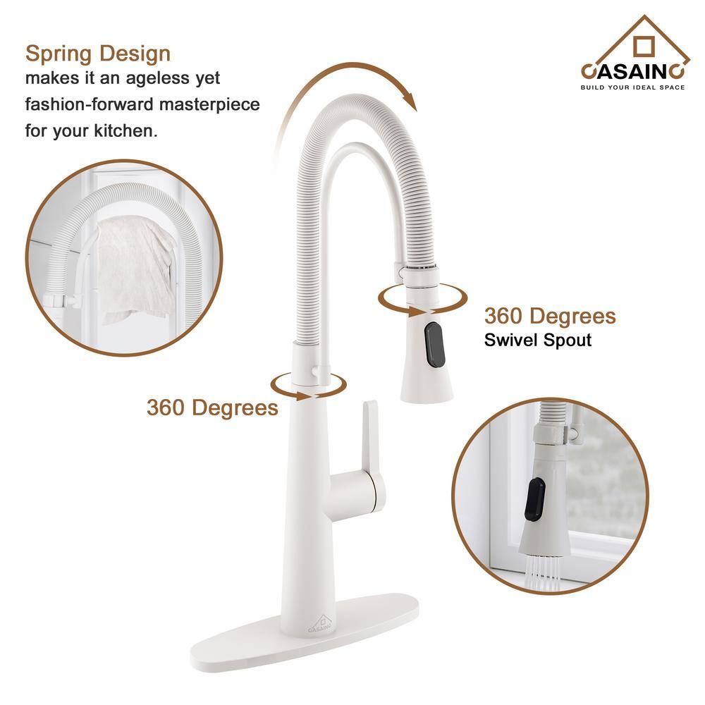 CASAINC Single Handle Spring Neck Standard Kitchen Faucet with Dual-Function Sprayhead and Deck Plate in Matte White CA-D0462-MW