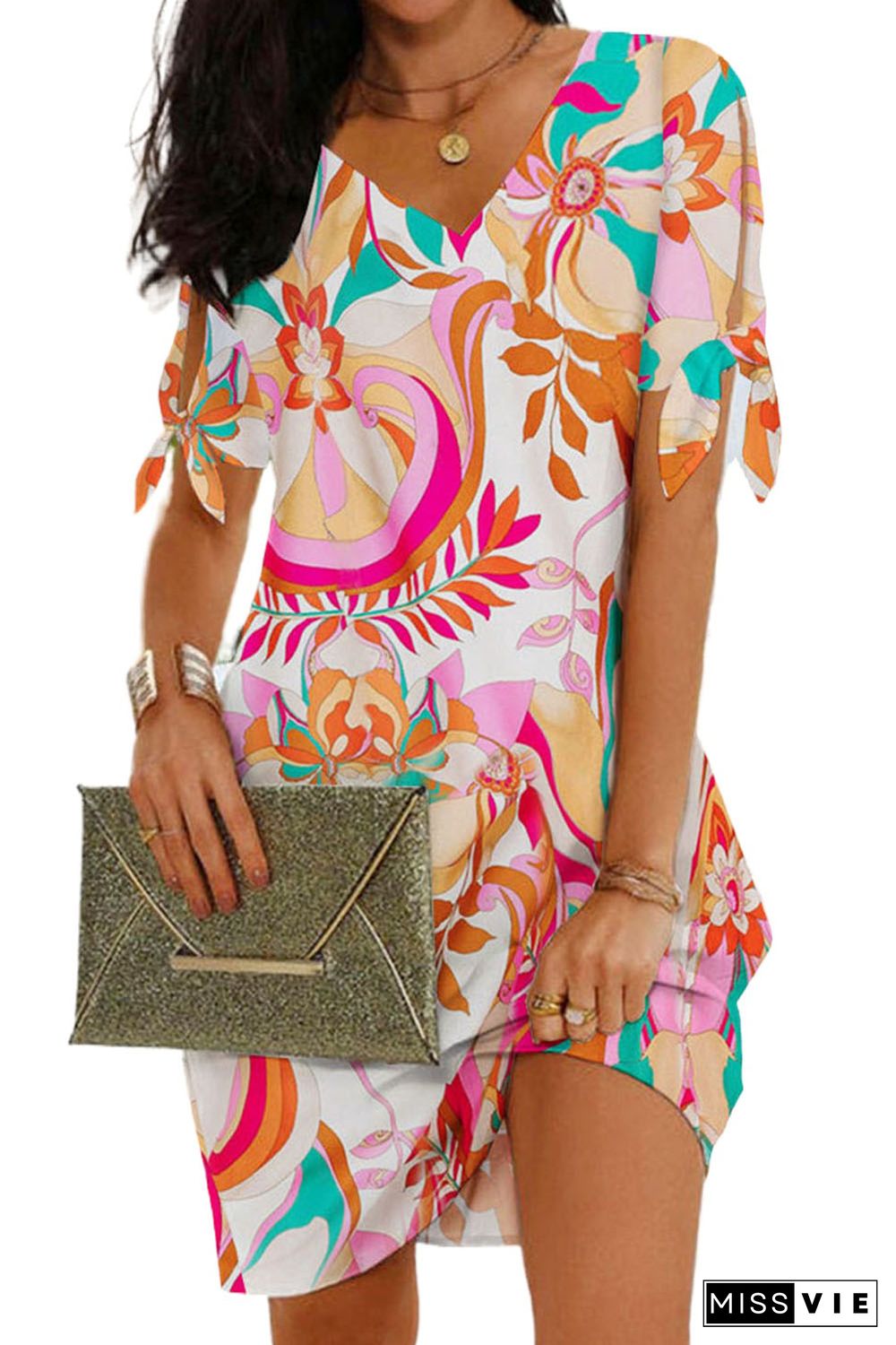 Multicolor Knotted Short Sleeve V Neck Floral Dress