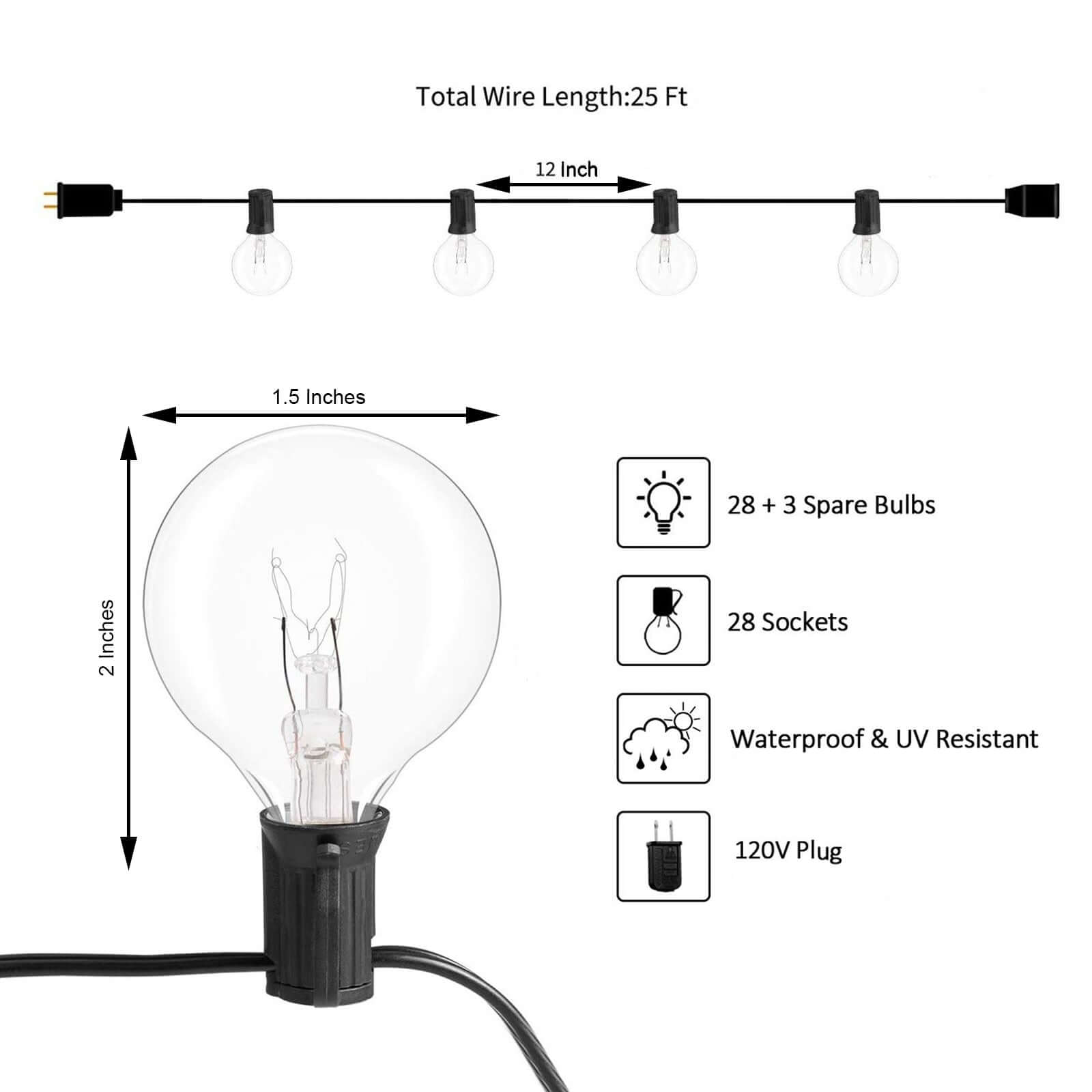 Warm White Connectable Hanging Outdoor or Indoor String Lights, Waterproof 120V With 28 Incandescent Glass Light Bulbs 25ft