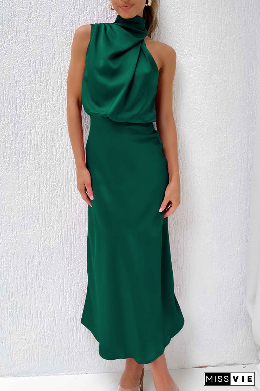 Ruched Cut Shoulder Sleeveless Sily Maxi Dress