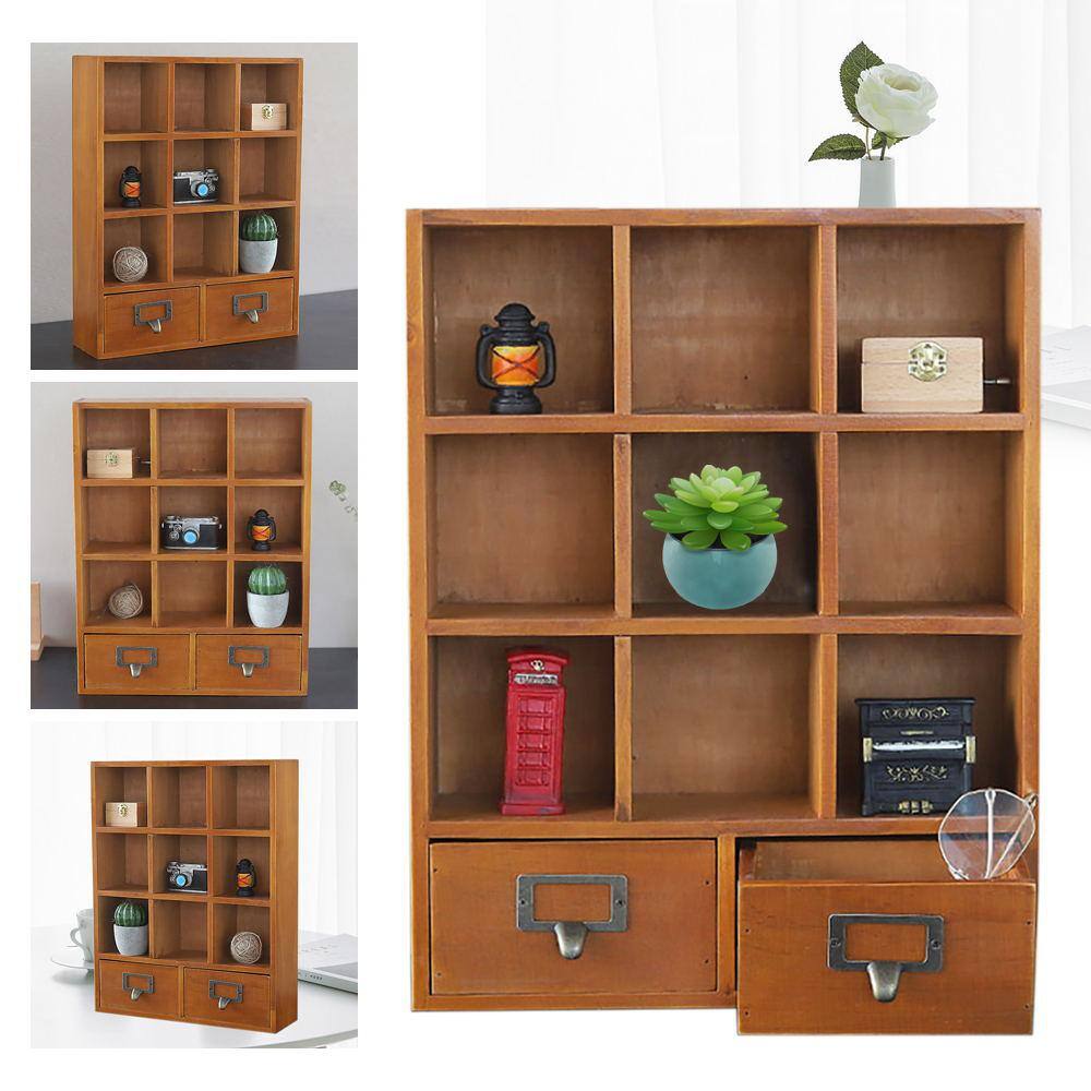 YIYIBYUS Brown Wooden Shelf with 2 Drawers Desktop Storage 9-Cube Organizer HG-HSLT-5697