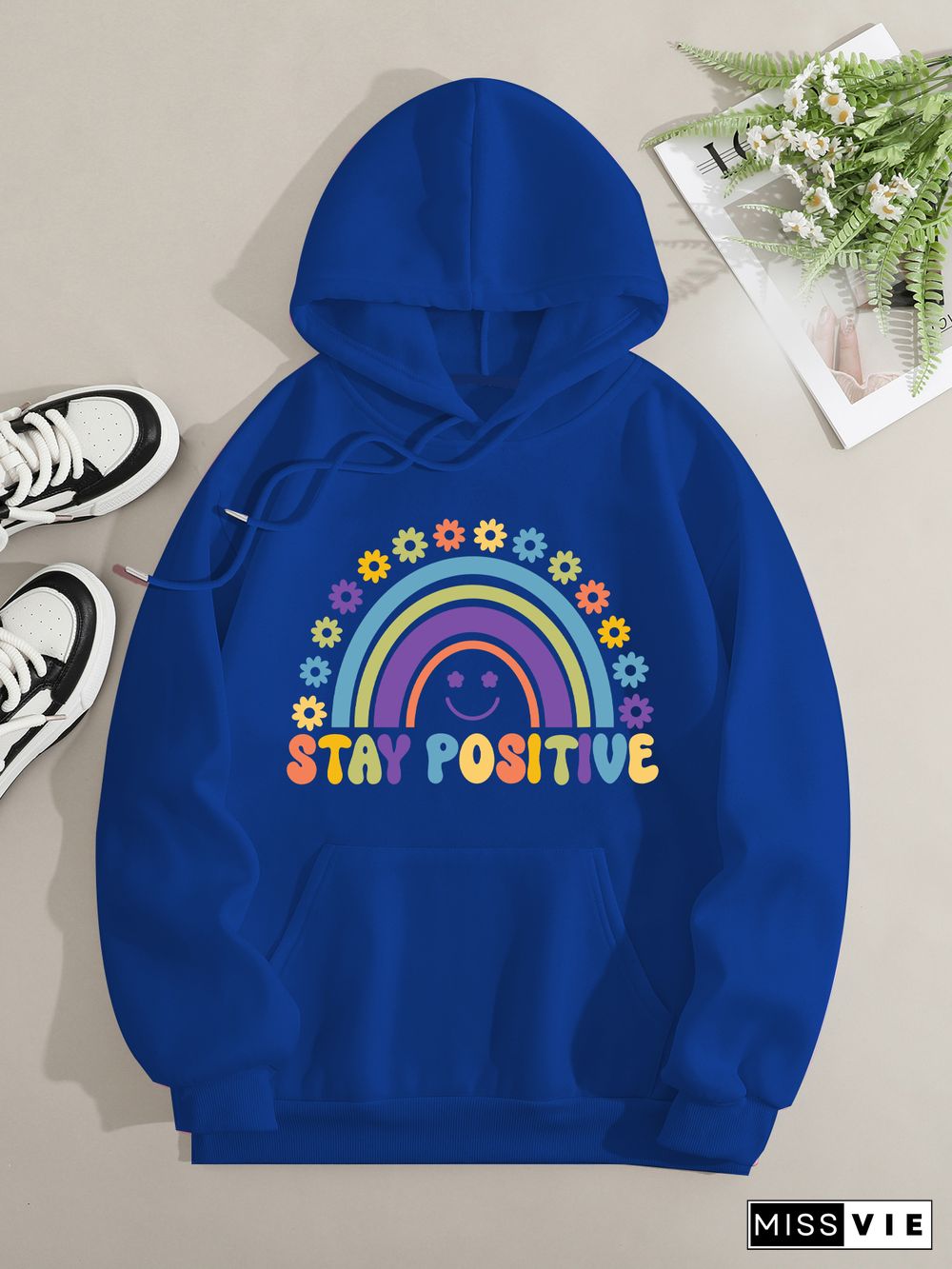 Printed on front Kangaroo Pocket Hoodie Long Sleeve for Women Pattern stay positive