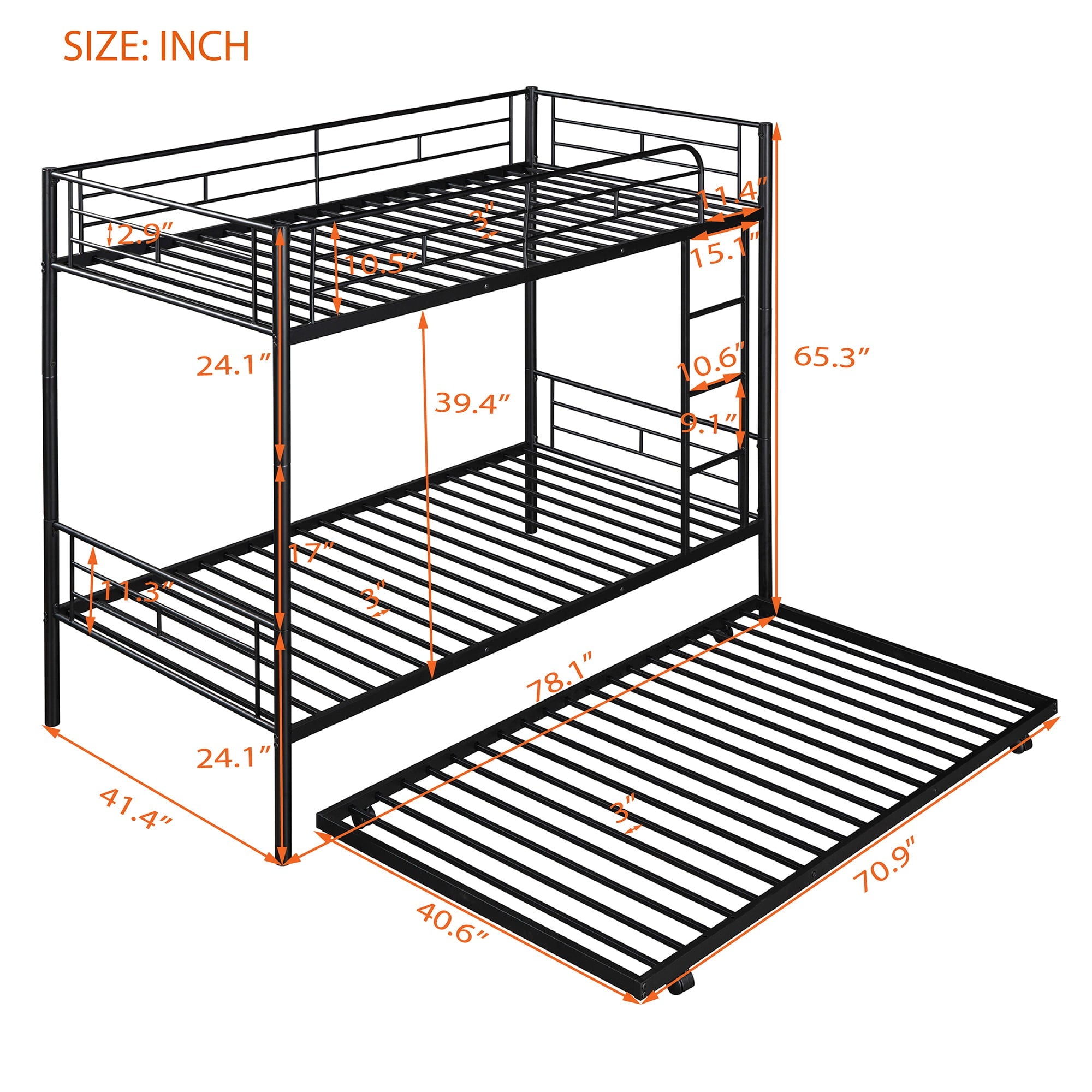 uhomepro Metal Twin Over Twin Bunk Beds with Trundle Bed, Twin Bunk Beds for Kids Adults Teens, Bunk Bed Can Be Divided Into 2 Twin Beds with Trundle, 2 Ladders, No Box Spring Need, Black