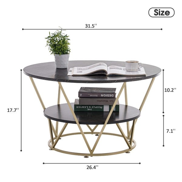 2-Tier Round Coffee Table， 31.5 Inch Modern Coffee Table for Living Room， Faux Marble Accent Table with Metal Frame - as picture