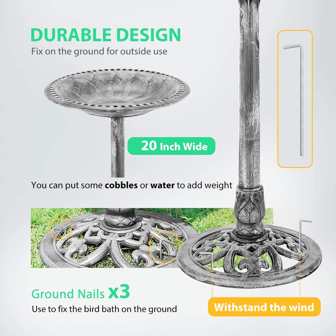 VIVOHOME 28 Inch Height Polyresin Lightweight Antique Outdoor Garden Bird Bath Gray