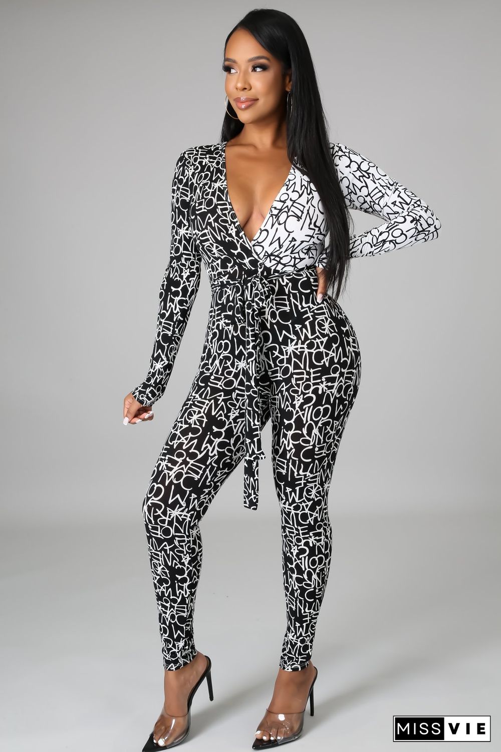 Sexy Letter Print Patchwork Long Sleeve V Neck Lace Up Bodycon Fall One Piece Womens Jumpsuits