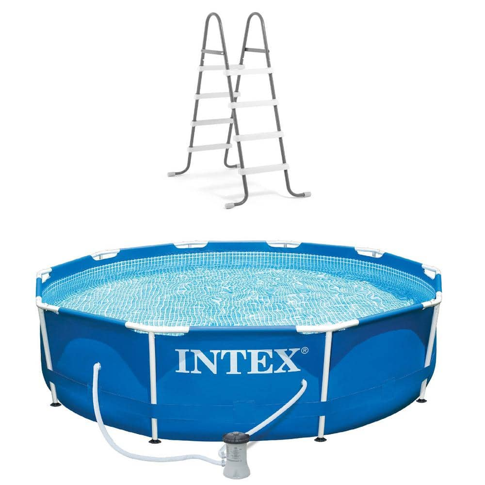 Intex 10 ft. x 30 in Round Metal Frame Above Ground Pool and Steel Frame Pool Ladder 28201EH + 28066E