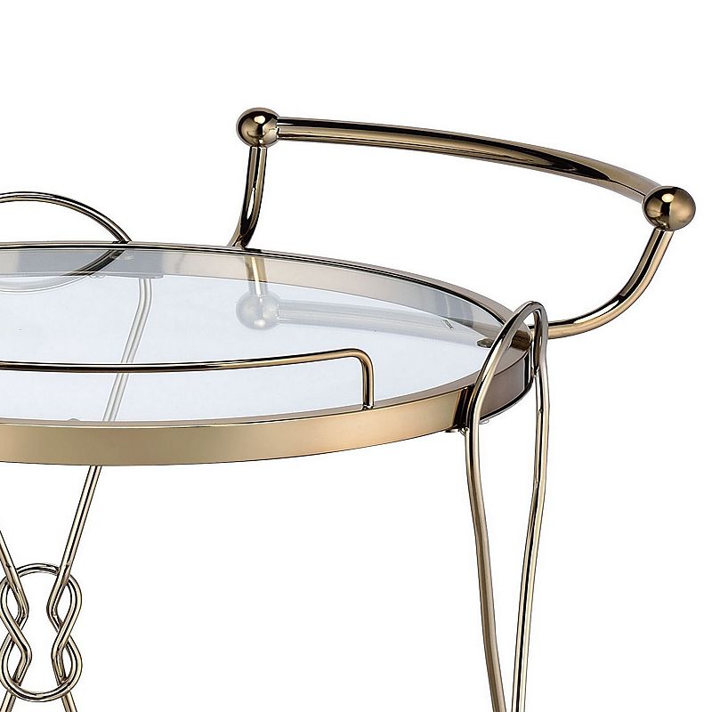 Serving Cart with 2 Glass Shelves and Caster Support， Gold and Clear