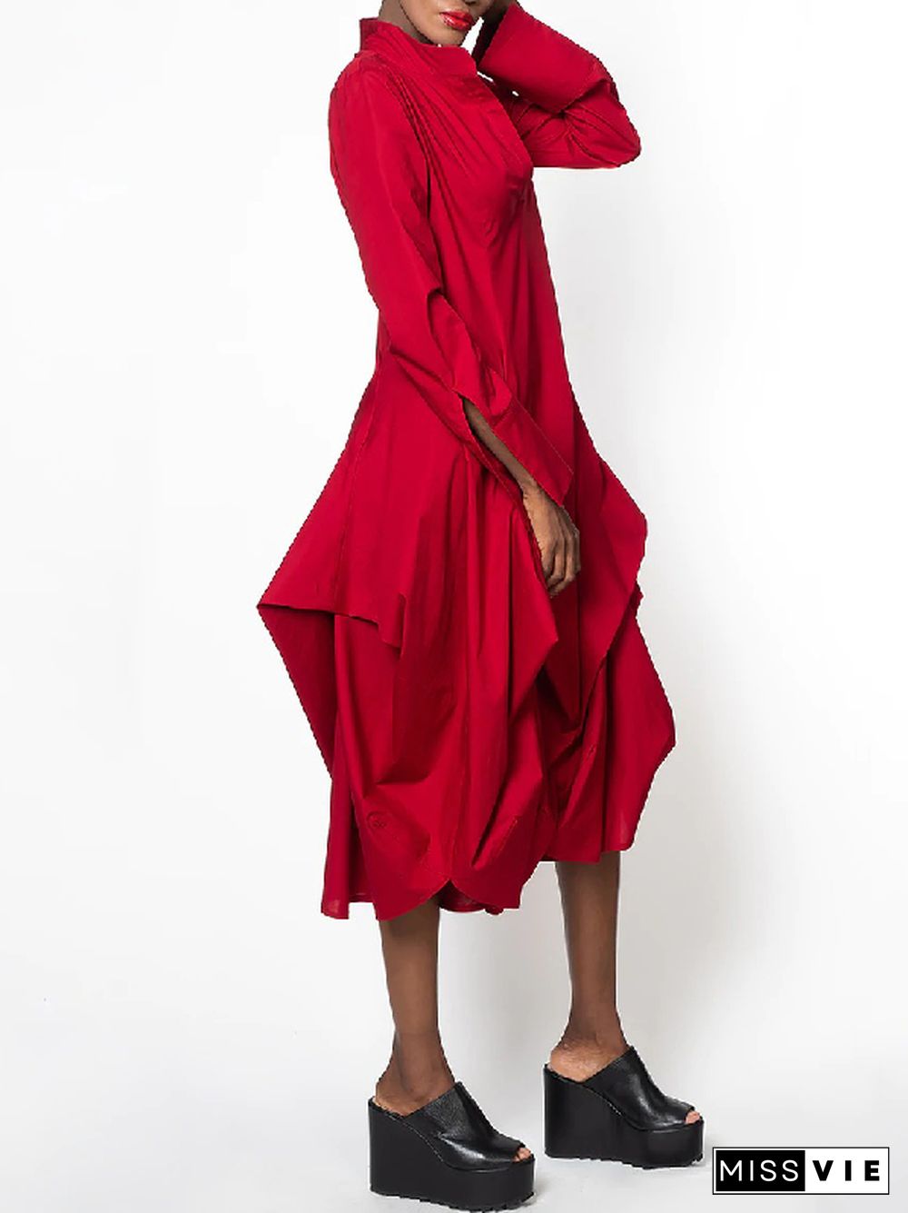 Stylish Loose Stand-Collar Long Sleeves Midi Dress