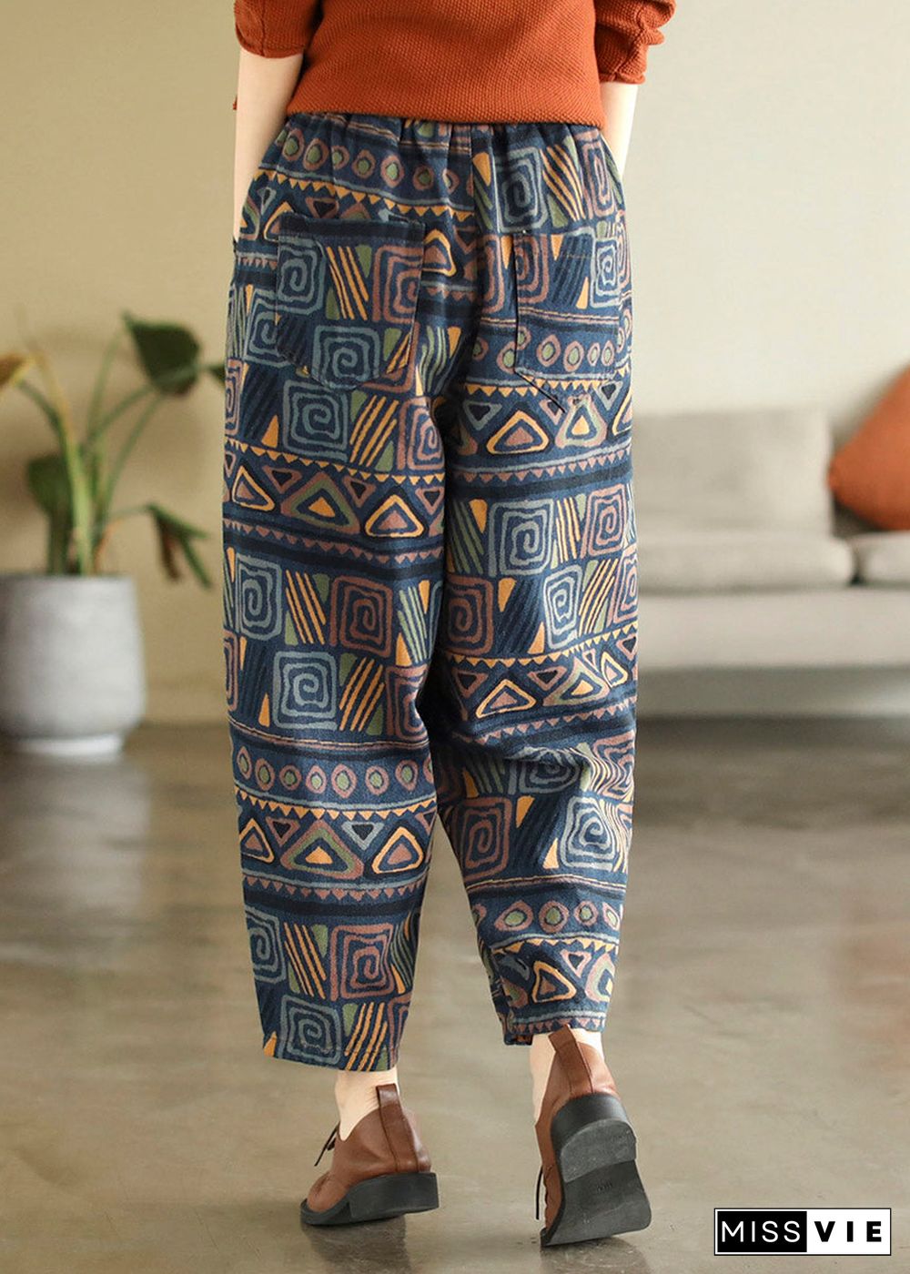 Bohemian Print Tie Waist Cotton Beam Pants Summer