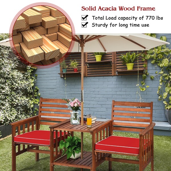 Costway Patio Loveseat Conversation Set Acacia Wood Chair Coffee Table