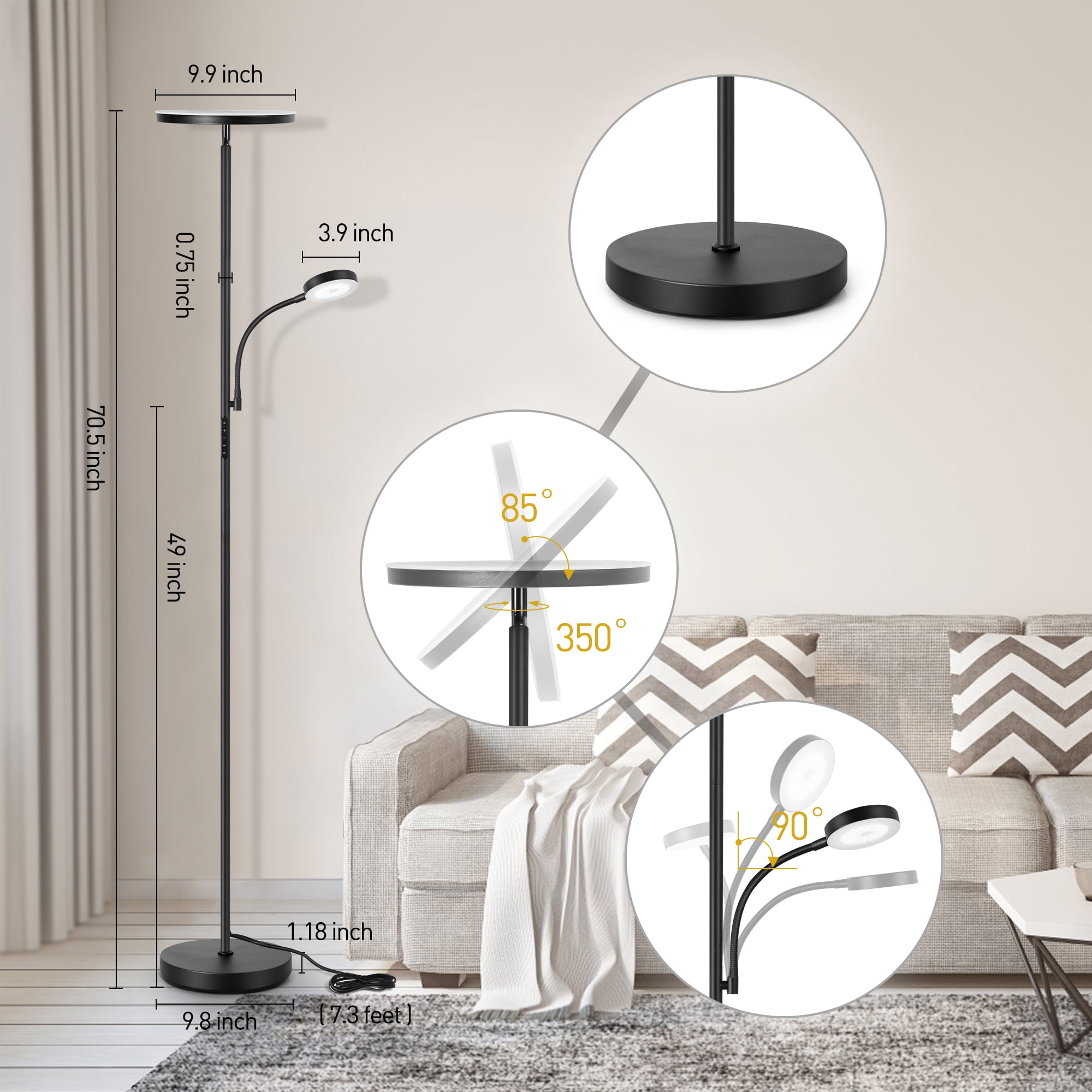 Outon LED Torchiere Floor Lamp with Reading Side Light, 4 Color Temperature Black Metal Standing Light for Living Room