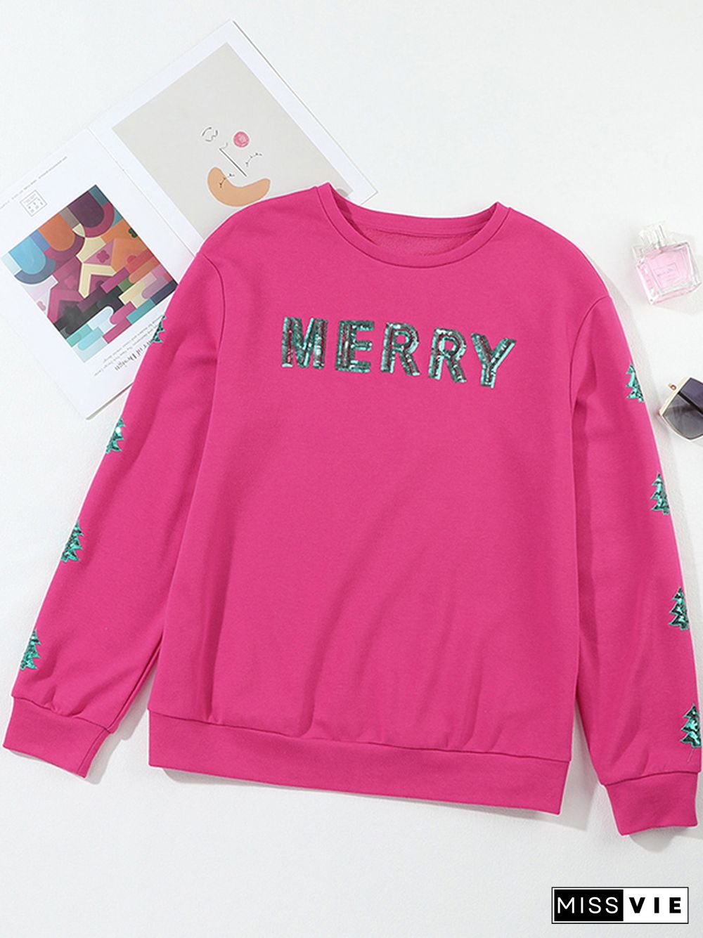 Contrast Color Sequin Crew Neck Sweatshirt