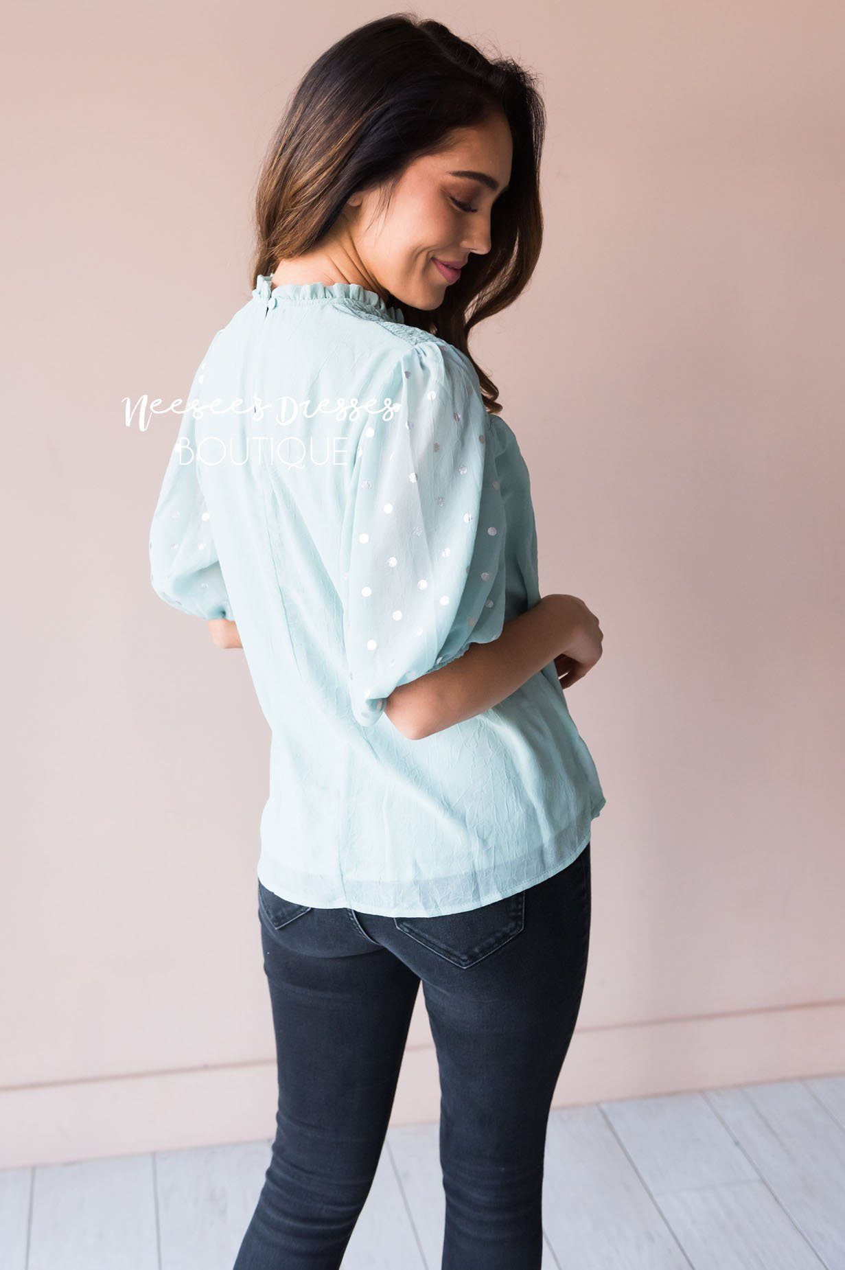 Mint Shimmer Smocked Modest Blouse