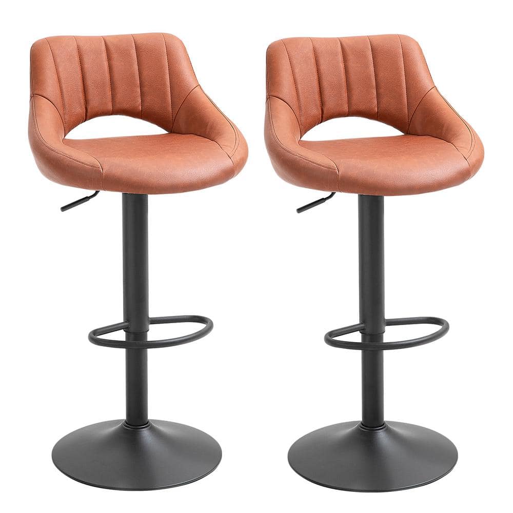 HOMCOM 41.75 in. Brown Small Back Metal Bar Height Swivel Bar Stool with PU Leather Seat (Set of 2) 835-325BN