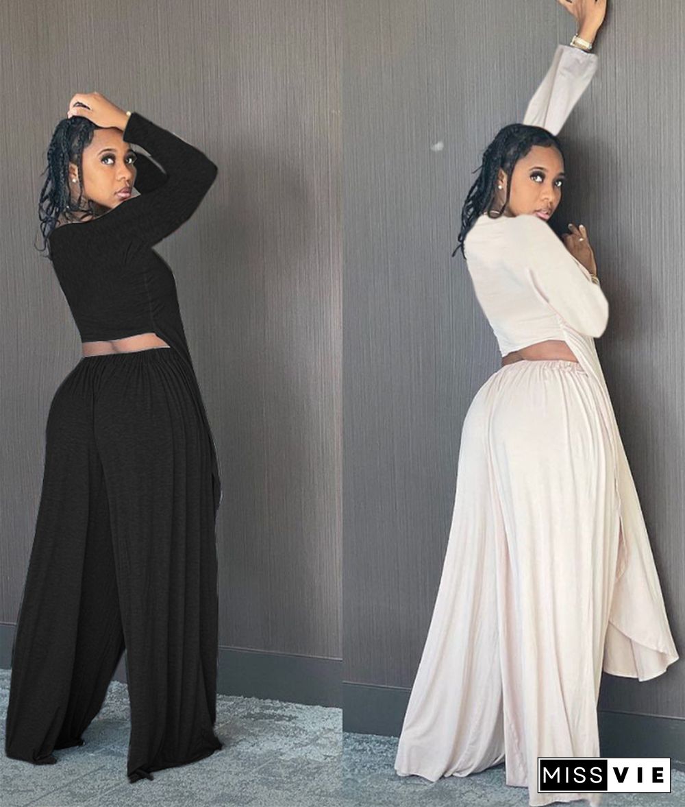 Autumn Fashion Solid Color Long Sleeve Irregular Top Loose Wide Leg Pants Women Casual Two Piece Sets