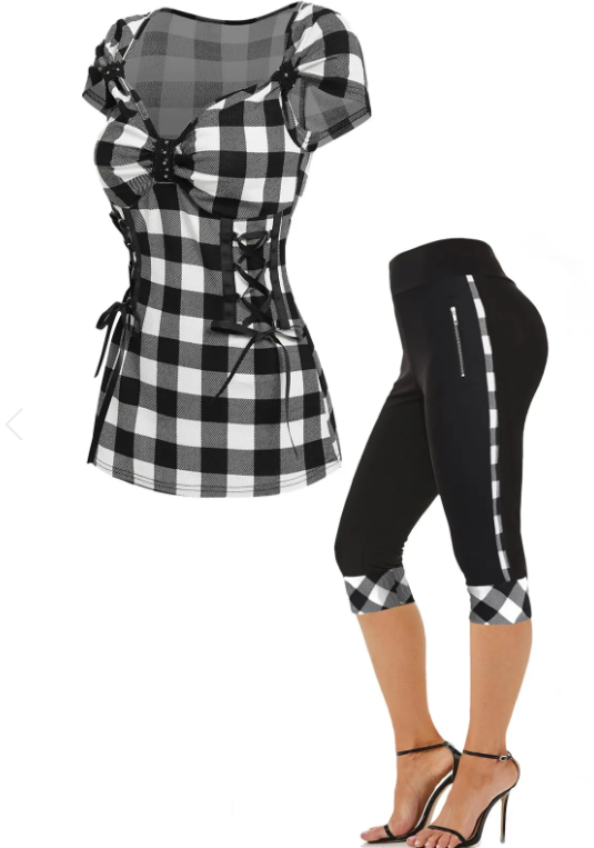 Corset Lace Up Sweetheart Neck Plaid Checkerboard T Shirt and Plaid Panel Wide High Waist Zipper Detail Capri Leggings Summer Casual Outfit