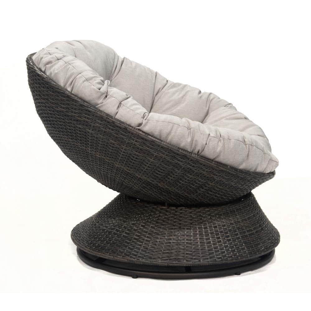 Brigham Black Swivel Wicker Outdoor Papasan Chair with Grey Cushion