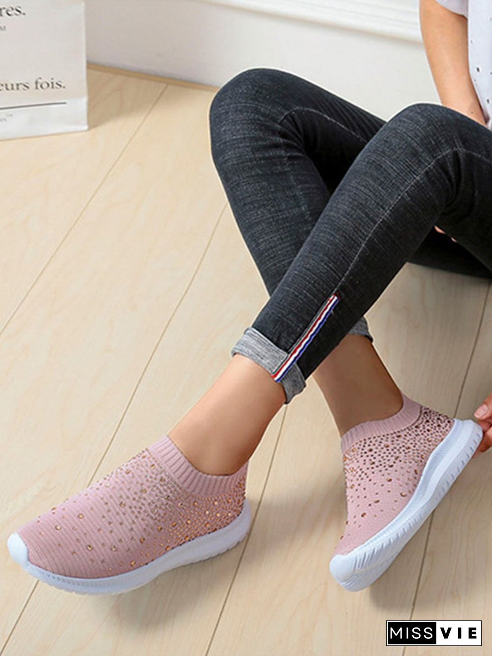 Rhinestone Design Portable Overfoot Lightweight Flyknit Sneakers