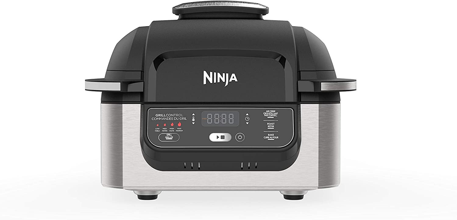 Ninja AG300C Foodi 4-In-1 Indoor Grill With 4-Quart Air Fryer, Roast, Bake, And Cyclonic Grilling Technology, Black/Sil Black