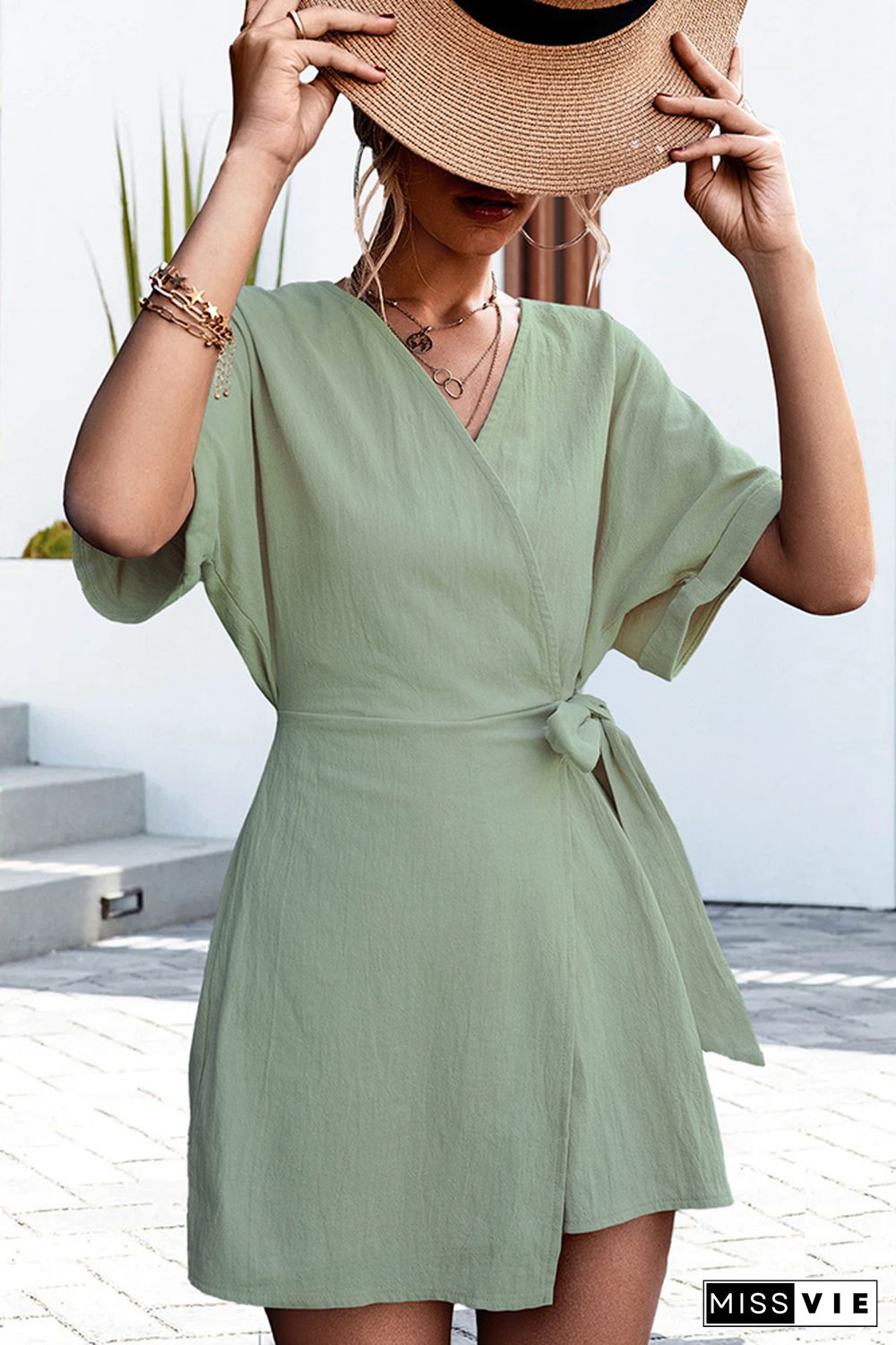 Plain Wrap V Neck Side Tie High Waist Rompers