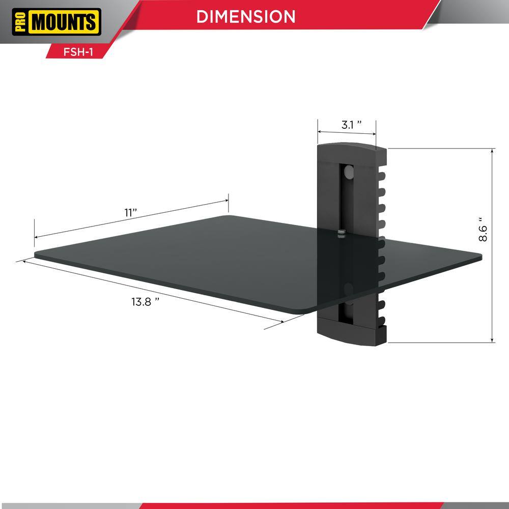 ProMounts Heavy-Duty Single AV Wall Shelf for cable box or game consoles. Fully assembled. Easy install. Supports up to 18 lbs. FSH1