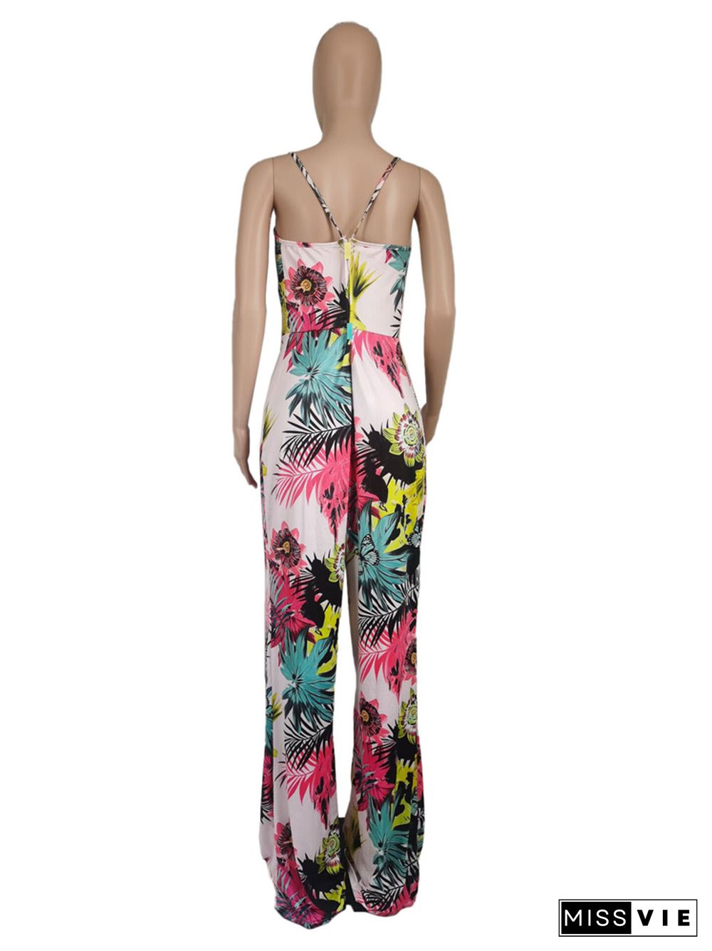 Plus Size Floral Print Sleeveless Wide Leg Jumpsuit