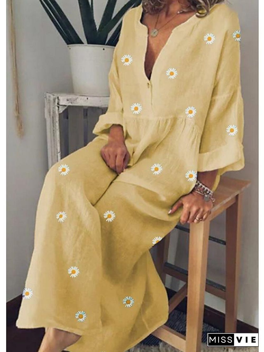 Women's A-Line Dress Maxi long Dress Long Sleeve Floral Floral Spring Summer Cotton Yellow Green Light Blue M L XL XXL 3XL 4XL 5XL