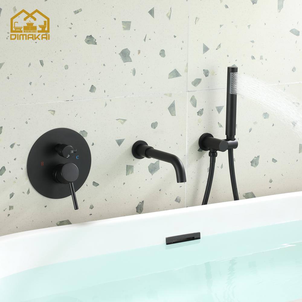 Hlihome 2-Spray Patterns Single-Handle Wall Mount Roman Tub Faucet with Handheld Shower in Black Valve Included RBDK-8050-MB