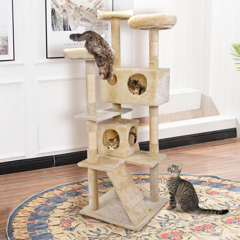 COZIWOW 59.5 in. Cat Tree Kitten Activity Condo Penthouse W/ Scratching Post and Ladder Beige CW12N0207