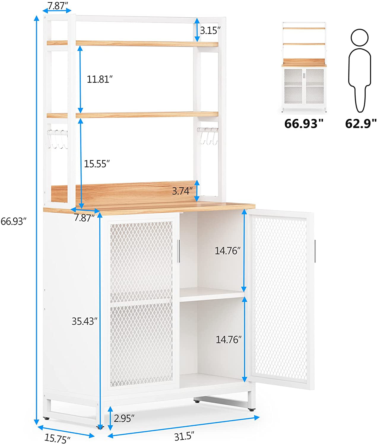 5 Tier Kitchen Bakers Rack with Hutch， Cabinet and 8 Hooks