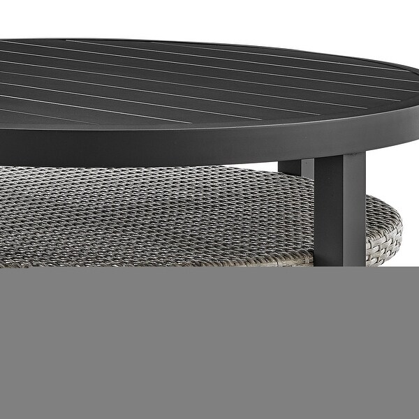 Aileen Grey Wicker Rattan and Black Aluminum Slat Top Round Outdoor Coffee Table